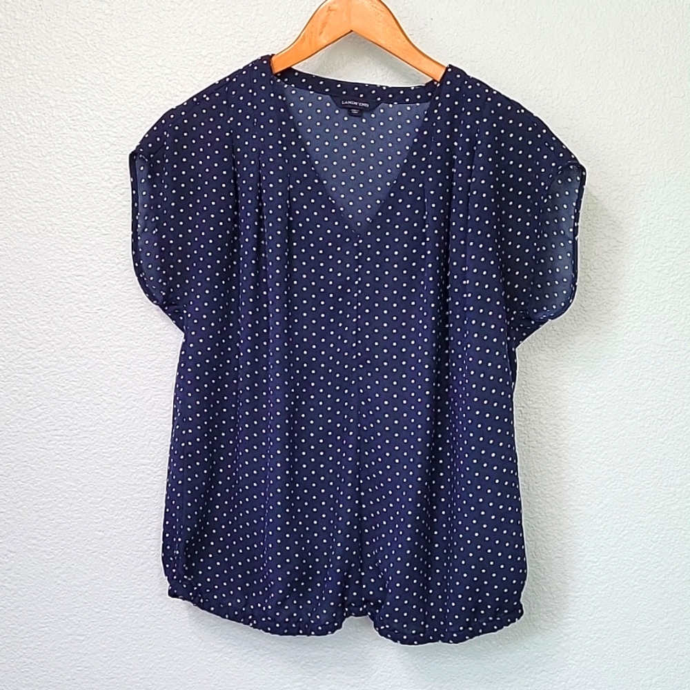 Lands End, Polka dot, size 8 petite, navy blue and white blouse